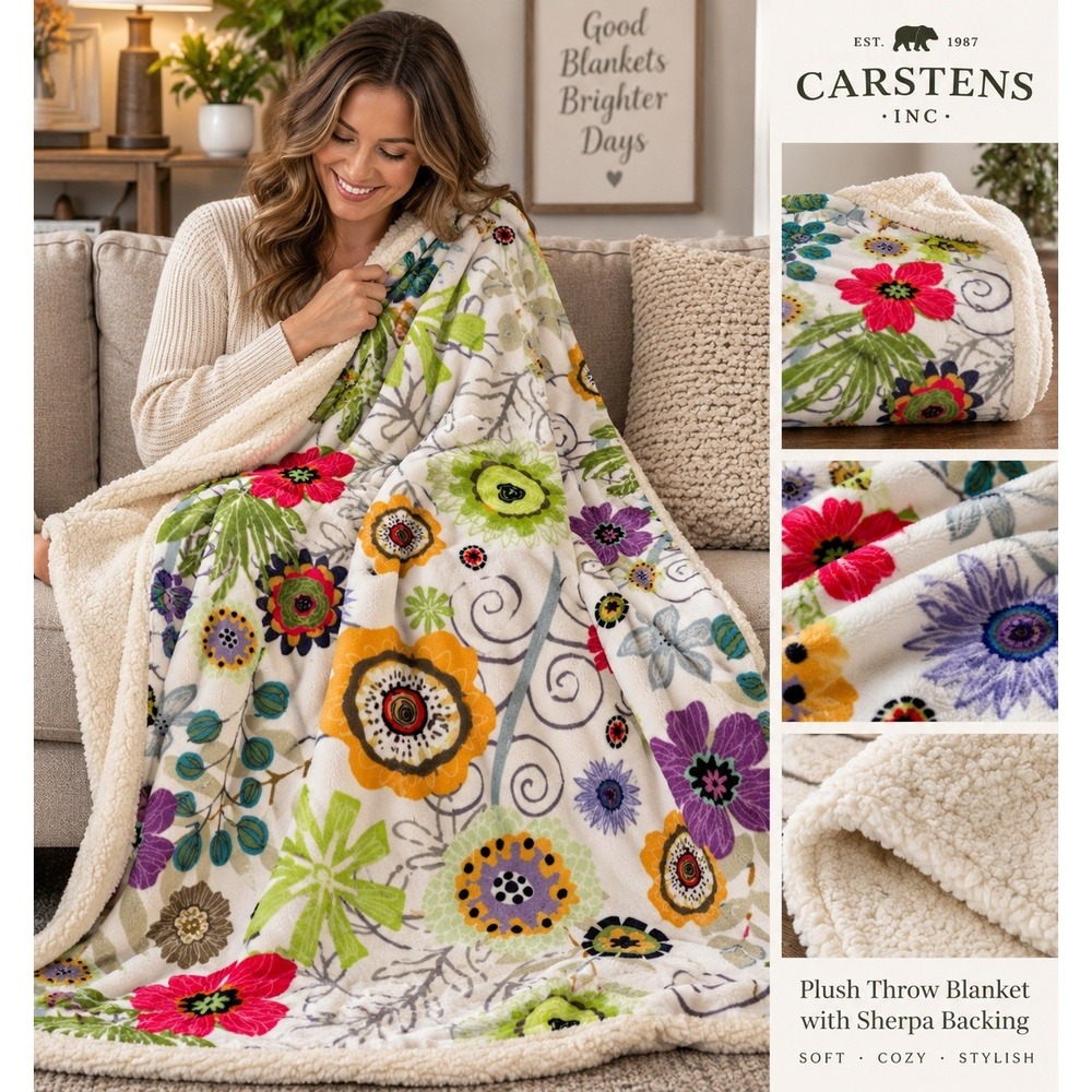 Carstens Field of Flowers Plush Sherpa Throw Blanket 52"x66" Soft Floral Boho